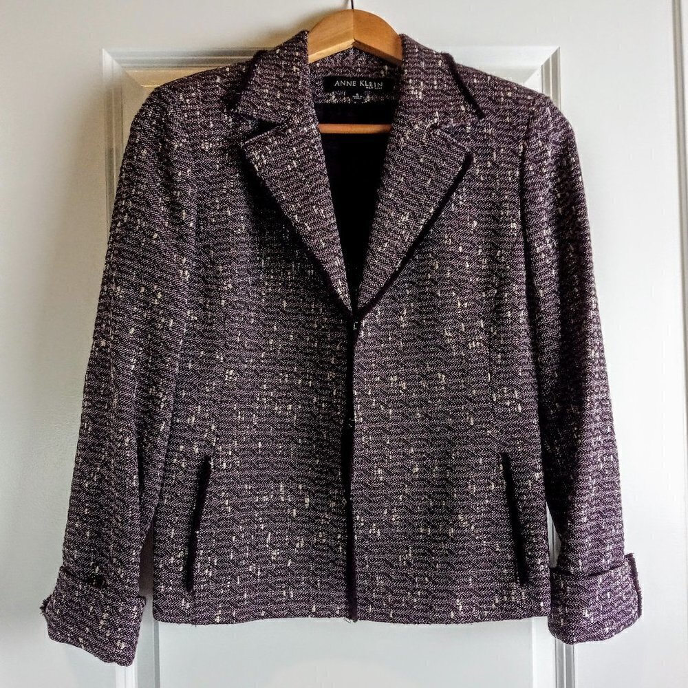 Anne Klein Purple Wool Metallic Tweed Fringed Blazer